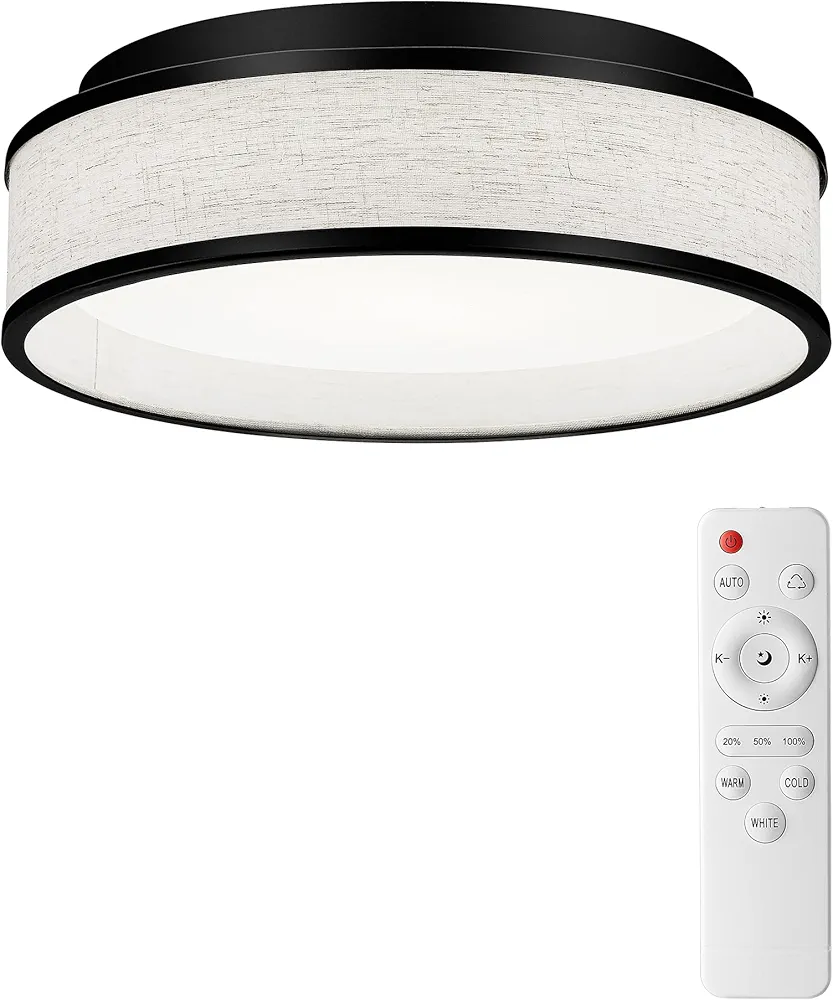 kudos Flush Mount Ceiling Light with Remote, Drum Light with Fabric Shade, 12-inch LED Ceiling Light Fixture, 24W 1300lm Light Fixtures for Living Room, Kitchen, Bedroom, Hallway, KDCL13-BK-RM