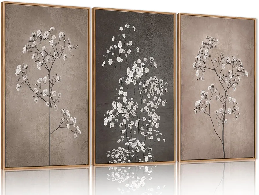 FWIEXA Beige Floral Framed Canvas Wall Art Set, Nordic Botanical Wall Prints, Neutral Plant Wall Painting, minimalist Modern Art Print for Living Room, Bedroom, Office 16"x24"x3