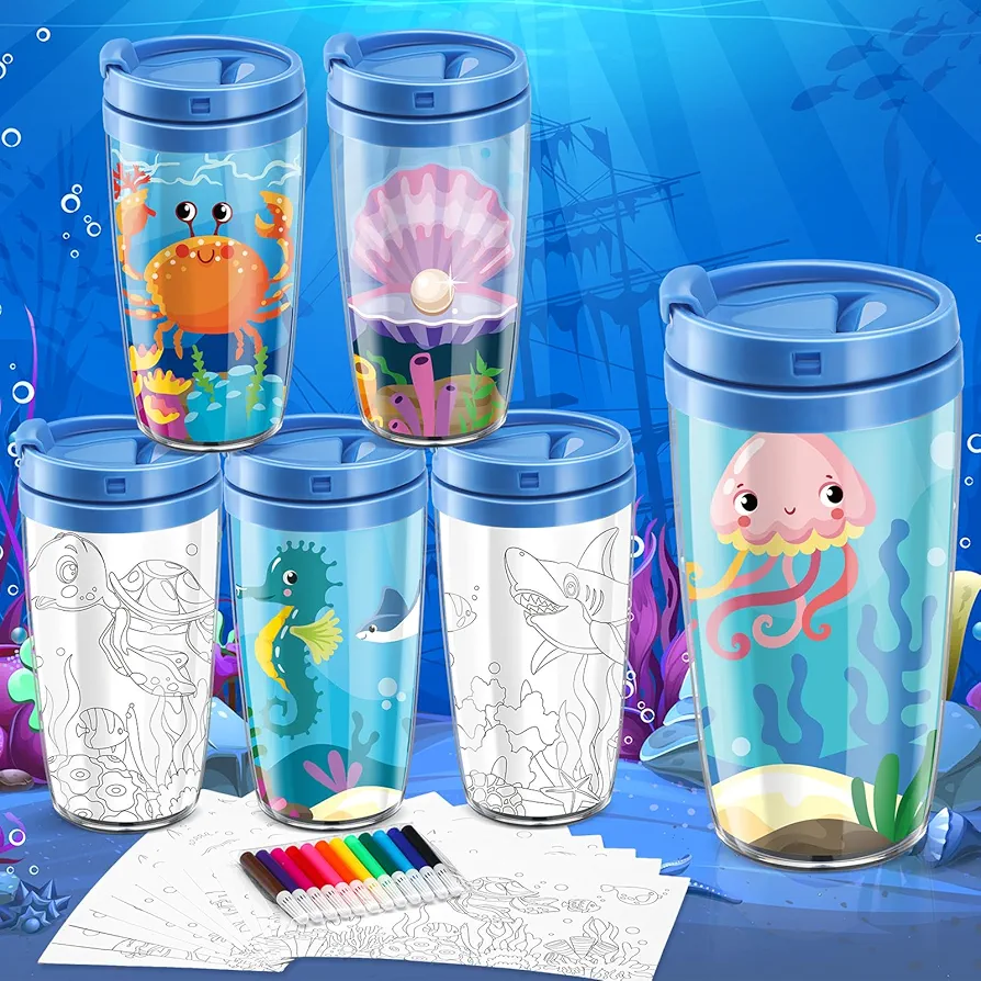 12 Pcs Color Your Own Cups for Kids Ocean Animal 8.5 oz Plastic DIY Cups with Lids and 12 Pcs Coloring Pen for Ocean Party Supplies DIY Crafts Mugs Under the Sea Favors Summer Classroom Gifts