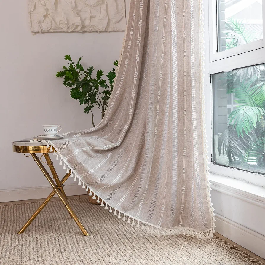 Linen Curtains 84 Inches Long Embroidery Striped Farmhouse Curtains for Living Room Tassel Boho Curtains for Bedroom Light Filtering Curtains 2 Panels Set Rod Pocket Drapes (52" W x 84" L,Khaki)