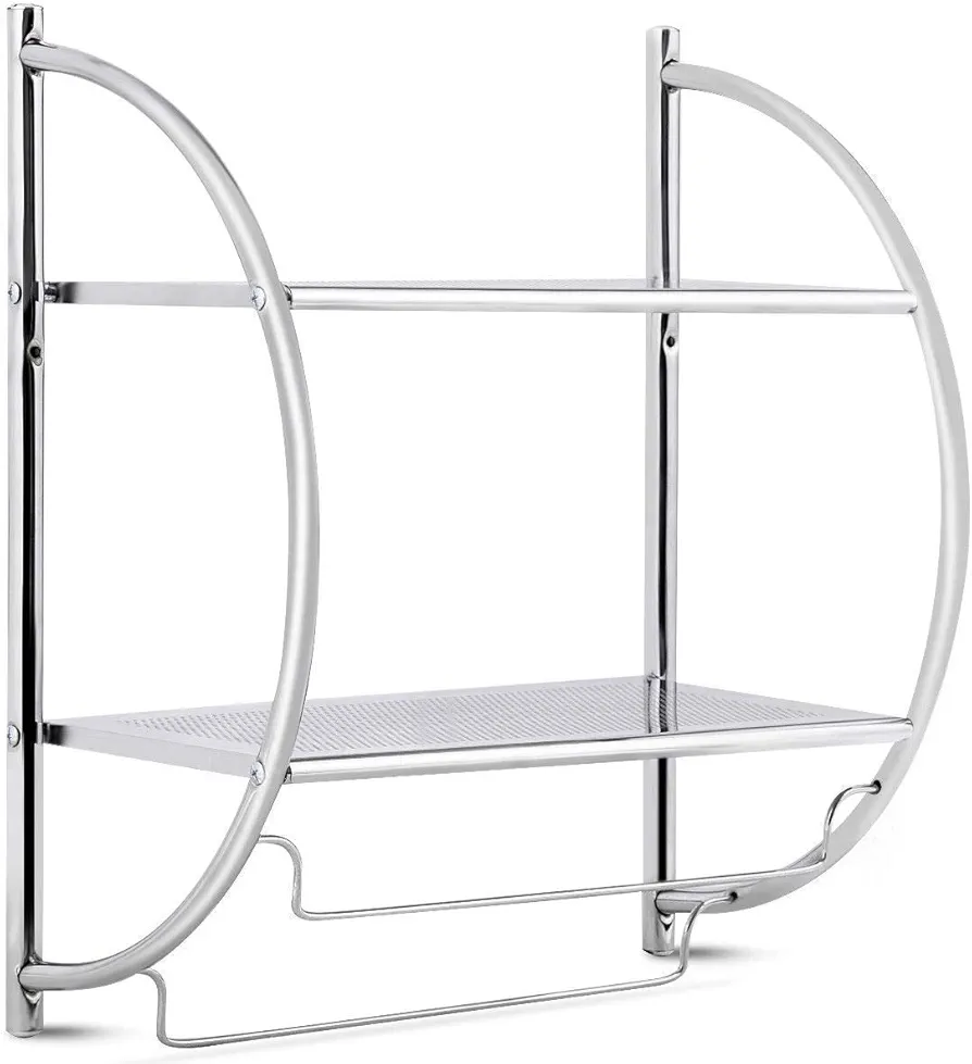 Tangkula Bathroom Shelf, 2 Tier Wall Mounted Bathroom Shelves with Bars, Double Layer Ventilate Racks, Rustproof Chrome Over Toilet Wall Shelf, Bathroom Organizer for Kitchen, Living Room