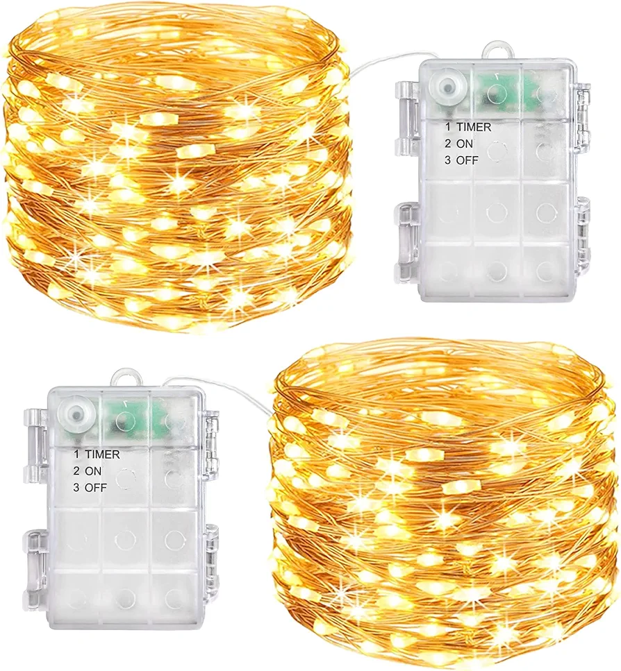 Fairy Lights Battery Operated Christmas String Lights 2x100 LED 33FT Waterproof Copper Wire with Timer for Christmas Tree Wedding Outdoor Indoor DIY Decor(Warm White)