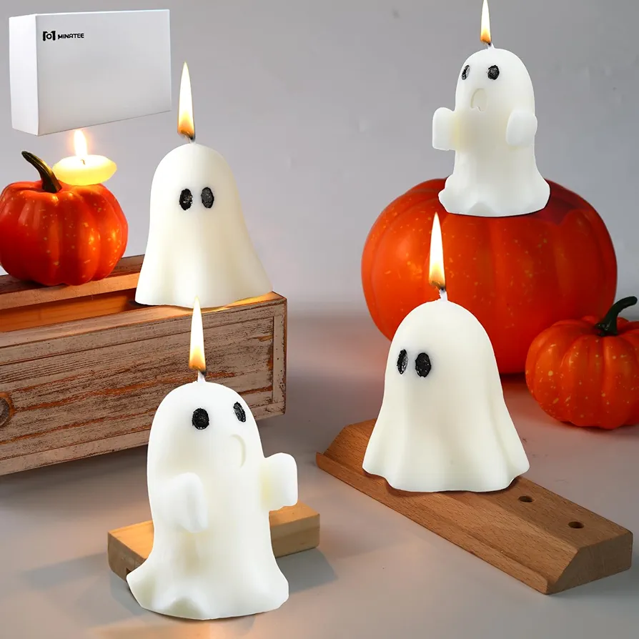 4 Pieces Large Halloween Ghost Candles Ghost Scented Candles White Candles Spooky Candles Gifts for Ghost Decor Home Decor Halloween Party Bedroom Room Table Decorations, 2 Style