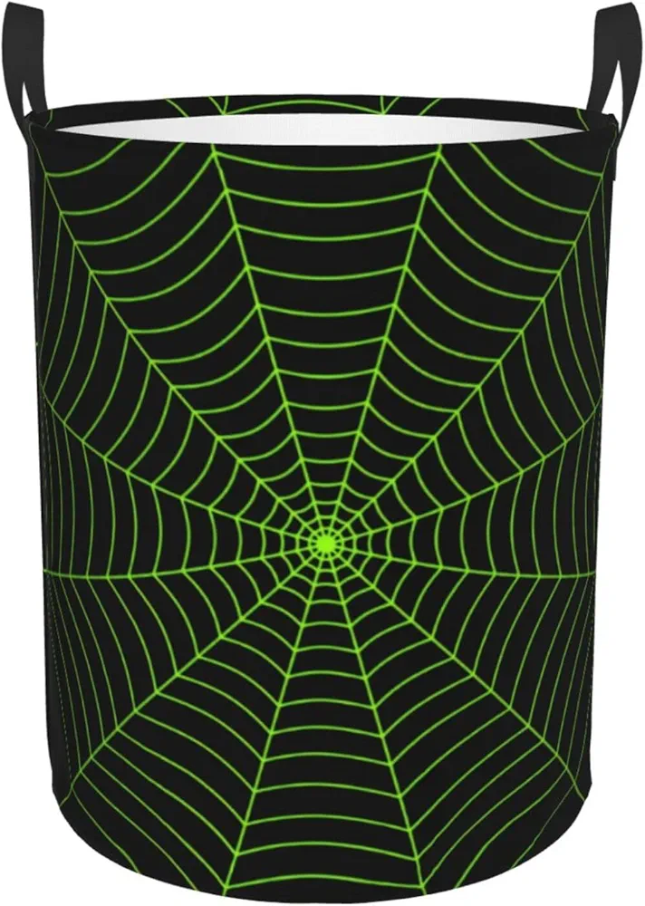 Black Neon Green Spider Web Halloween Laundry Basket Waterproof Collapsible Round Laundry Hamper Toys Clothes Organizer Gift Basket For Room Small