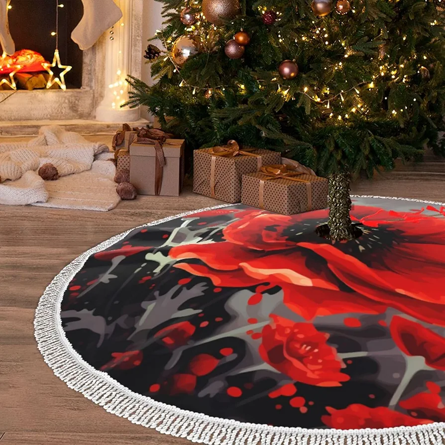 Christmas Tree Skirt with Tassel Dancing Red Flower 30" Xmas Tree Skirts Tassel Tree Mat Ornament for Home Indoor Outdoor Room Holiday Decoration