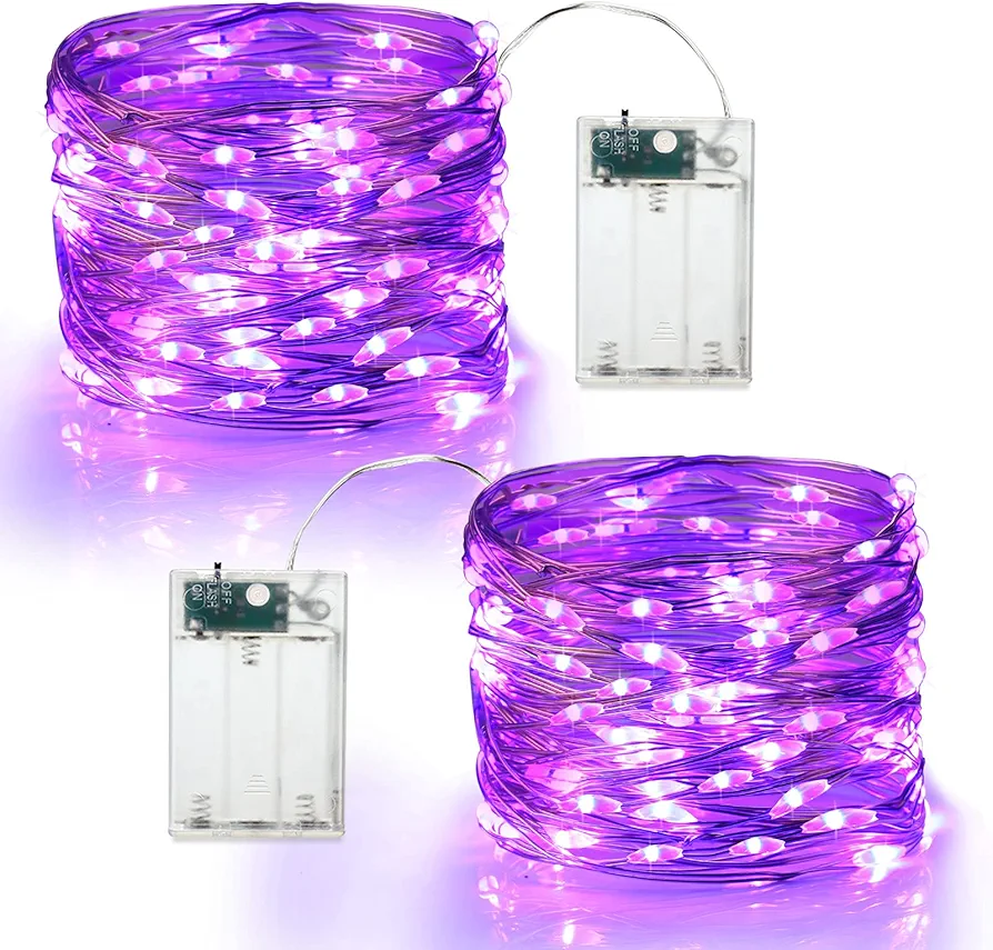 Brizled Purple Halloween Lights, 19.47ft 60 LED Purple Fairy Lights, Battery Powered Twinkle/Steady On Halloween String Lights Indoor Silver Wire Mini Starry Lights for Party, Xmas, Room Decor, 2 Pack