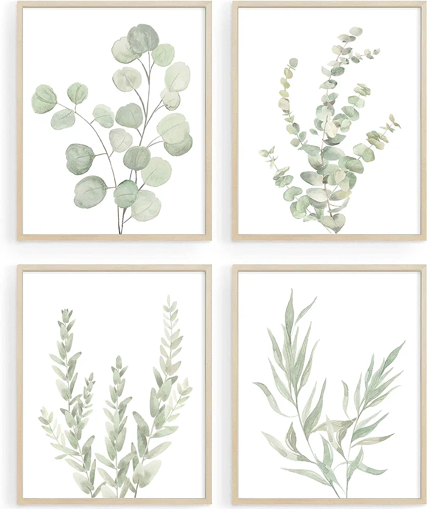 Botanical Boho Bathroom Decor Wall Art Prints, UNFRAMED Sage Green Plants Decor for Bedroom|Office, Minimalist Eucalyptus Leaves Watercolor Art Prints, Set of 4 Pictures, 8"x10" No Frames