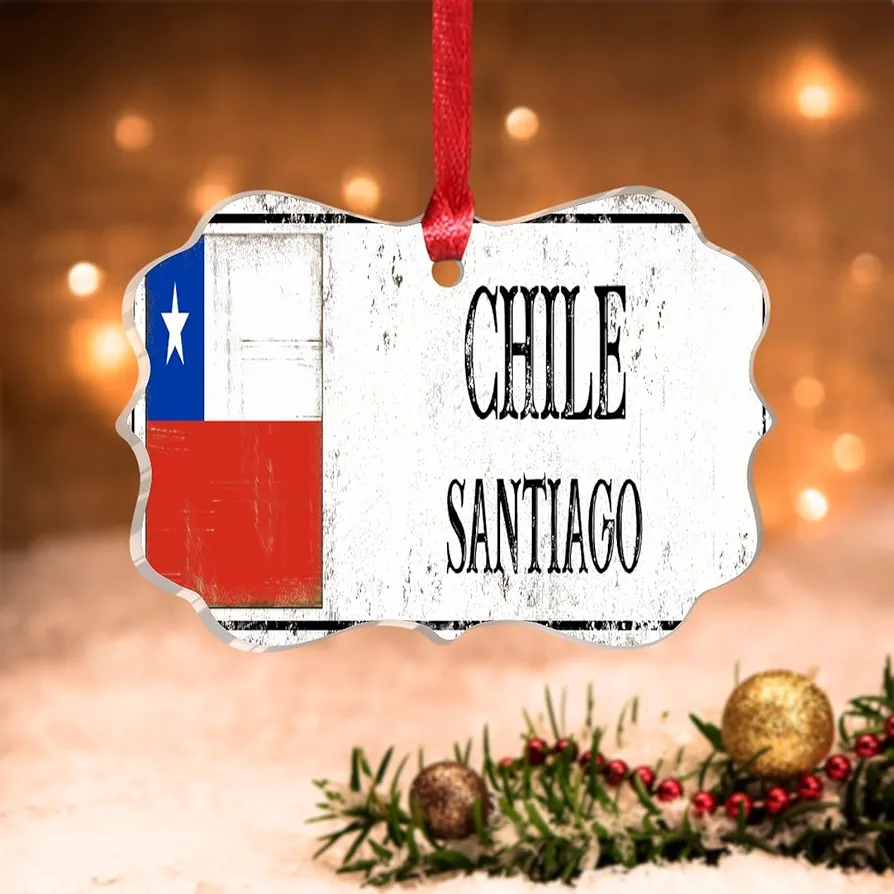 Chile National Flag Christmas Ornament for Kids Santiago Holiday Present Acrylic Xmas Tree Ornament Travel Souvenir Christmas Decorations for Tree to Friend Family