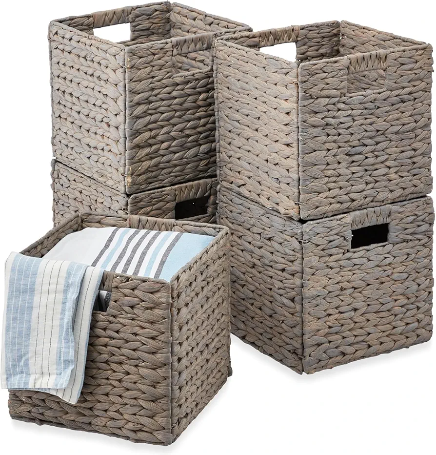 Hyacinth Baskets, Rustic Set Of 5 Multipurpose Collapsible Storage Organizer, Handwoven Laundry Totes for Bedroom, Living Room, Bathroom, Shelves - Gray, 13x13in