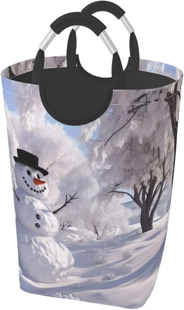 Laundry Basket Collapsible Clothes Hamper for Dirty Clothes, Laundry Bag with Handles Blanket Toys Storage Blanket, Dorm Room Essentials Accessories - White Tree and Snowmen