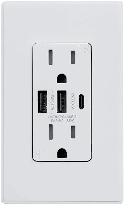 ELEGRP 30W 6.0 Amp 3-Port Type C USB Wall Outlet, Smart Chip High Speed Charging for iPhone, iPad, Samsung, Google, LG, HTC, Android Devices, Tablets and More, UL Listed, w/Wall Plate, 1 Pack, White