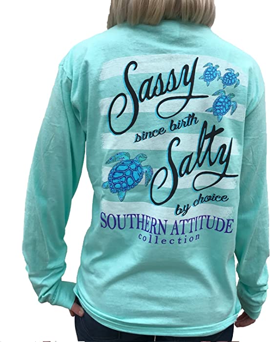 Southern Attitude Salty by Choice Sea Turtles Sea Foam Green Long Sleeve Women's Shirt