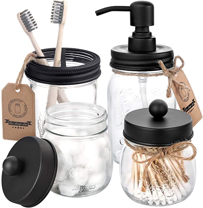 Mason Jar Bathroom Accessories Set 4 Pcs - Black - Mason Jar Soap Dispenser & 2 Apothecary Jars & Toothbrush Holder - Rustic Farmhouse Bathroom Home Decor Clearance, Countertop Organizer