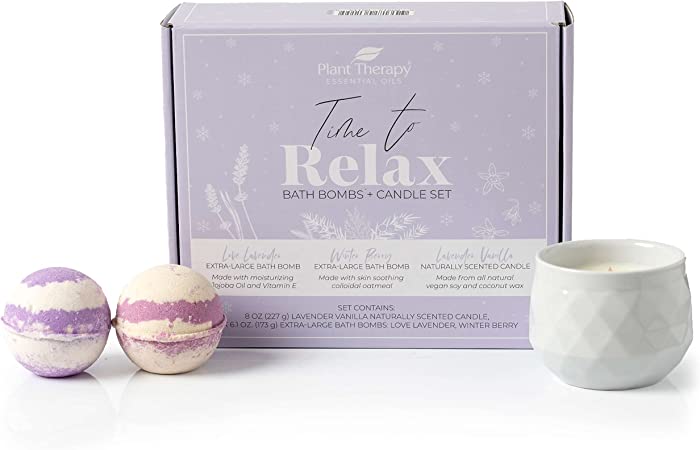 Plant Therapy Time to Relax Gift Set, Lavender Vanilla Candle and 2 Luxurious Long Lasting Bath Bombs