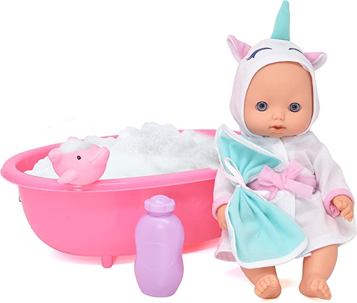 Bathtub Baby Doll, Bath Time Set 10 Inch Doll with Tub, Toy Soap, Wash Cloth, Rubber Dolphin Bath and Pool Play Water Accessories