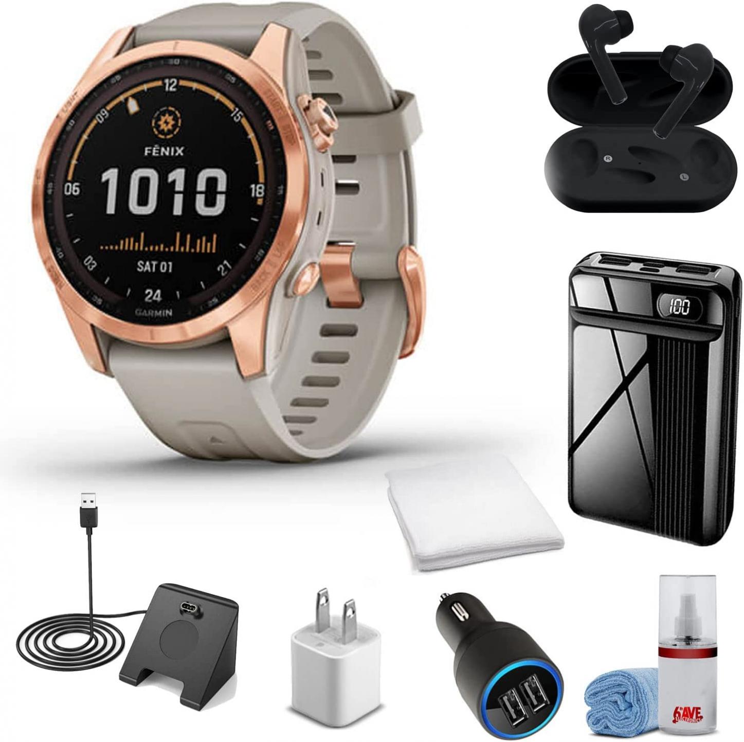 Garmin Fenix 7S Solar Edition Smart Watch Rose Gold with Light Sand Band + Wireless Headphones + Watch Charging Stand + USB Car/Wall Adapter + More! (010-02539-10)