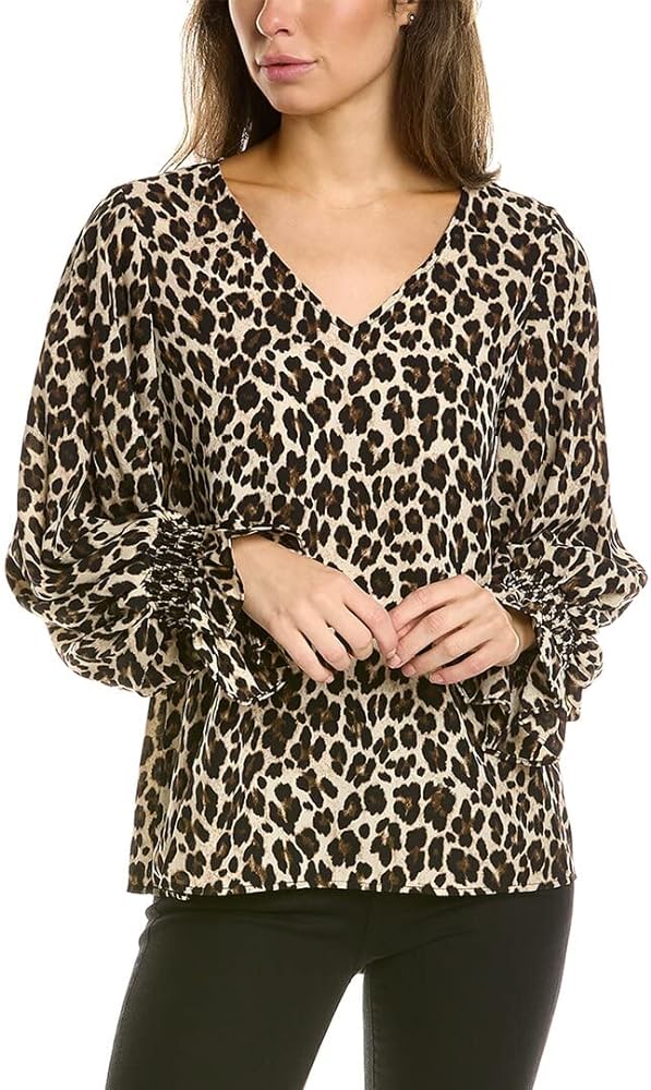 Vince Camuto Long Sleeve V-Neck Elegant Leopard Smock Cuff Blouse