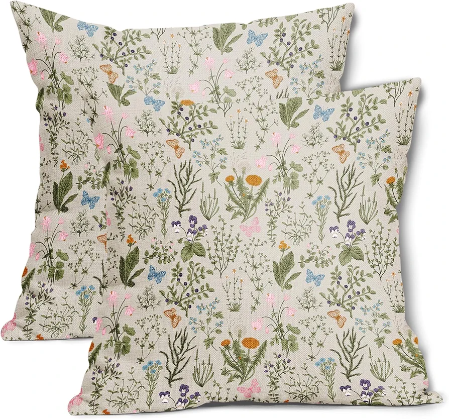 Sage Green Wild Flower Plant Pillow Covers Set of 2 18x18 Inch Spring Summer Floral Cotton Linen Polyester Decorative Throw Pillow Case Cushion Cover for Bedroom Sofa Living Room Couch Chair Office