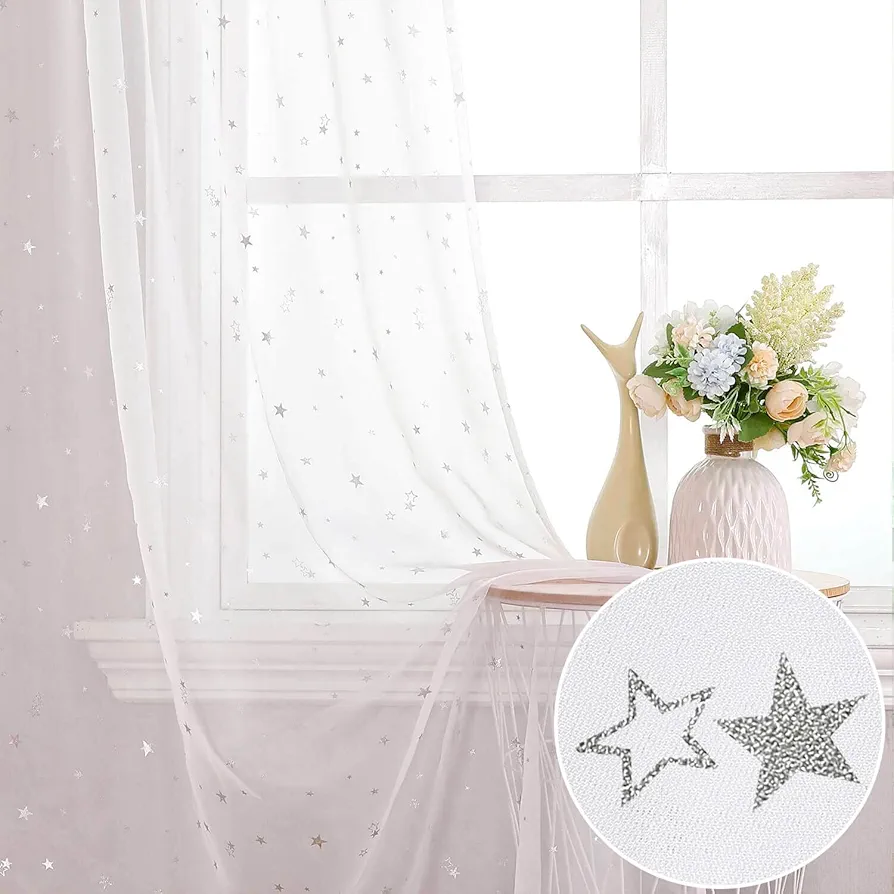 WUBODTI Kids Room Star Curtains White Semi Sheer Voile Drapes Set of 2 Panels, Rod Pocket Cute Starry Gauze Window Curtain Home Decor Tulle Drapery for Living Room Bedroom Nursery 63 Inches Long