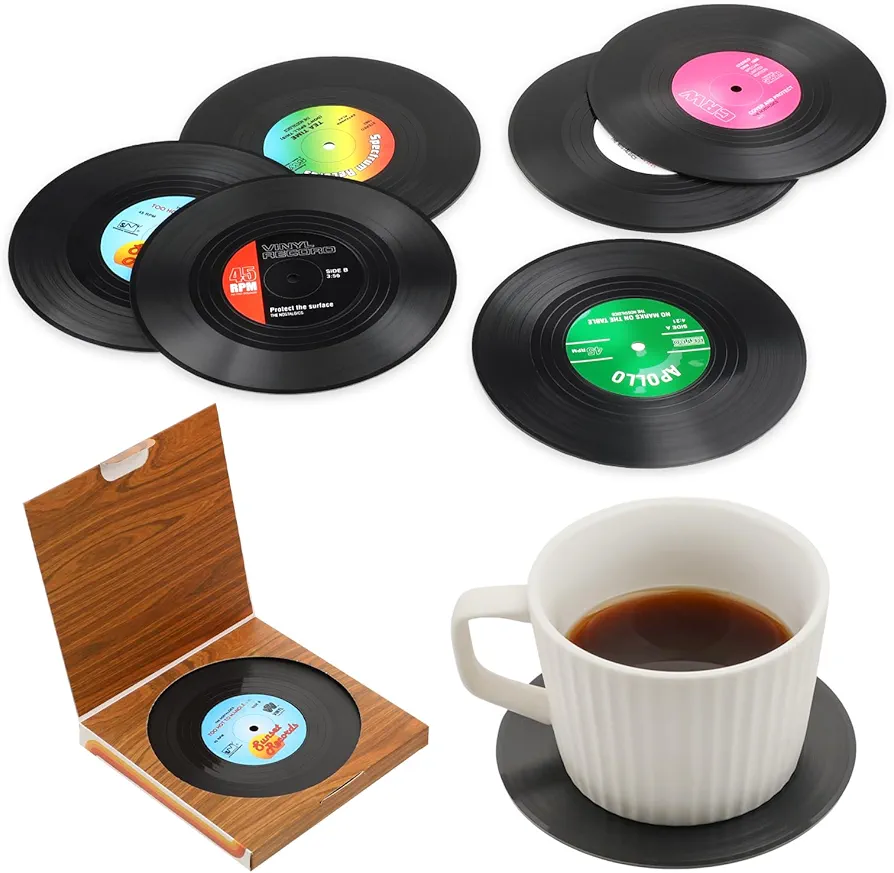 Vinyl Record Coasters Set, 6 Pcs Vinyl Record Coasters for Drinks with Gift Box Non-Slip Retro Record Player Coasters for Music Lovers Kitchen Living Room Bedroom Coffee Table Decoration