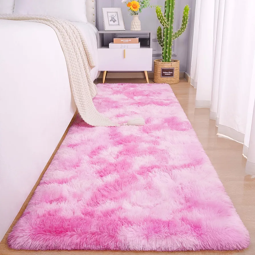 Chicrug Cute Pink Runner Rug for Girls Bedroom, 2x6 Feet Fluffy Kids Rug for Room Decor, Shag Soft Dorm Playroom Carpet Rug, Bedside Rug for Baby Nursery Room, Pink and White