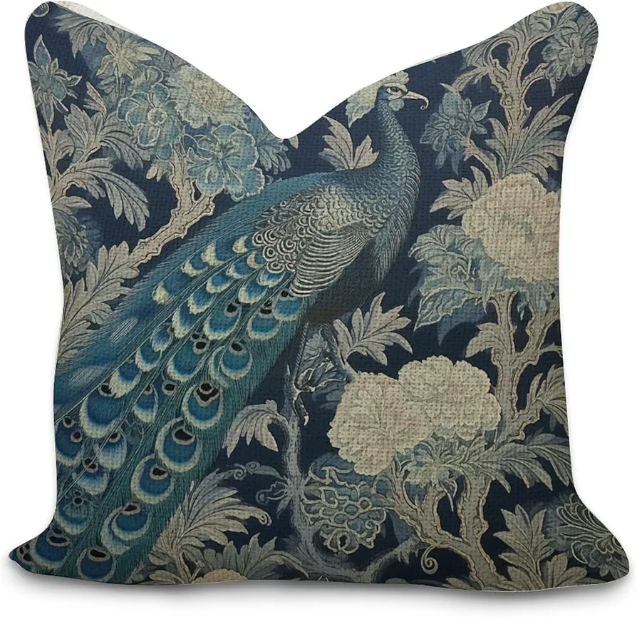 Navy Blue Chinoiserie Peacock Decorative Pillow Covers 24x24in Chinoiserie Asian Style Pillowcase Farmhouse Throw Cushion Cover Cases for Couch Sofa Bed Living Room Home Decoration Birthday Gifts