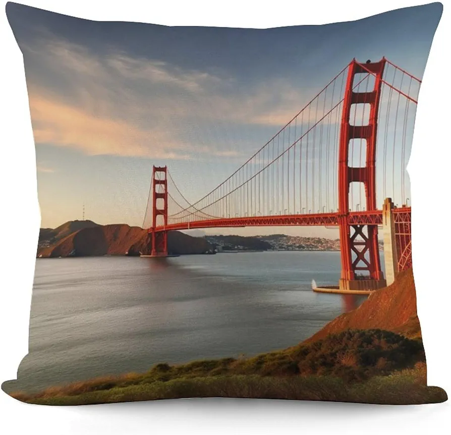 Throw Pillow Cover Soft Plush Pillowcase with Invisible Zipper Golden Gate Bridge Decorative Couch Pillow Case 18'' X 18'' Cushion Cover for Sofa Living Room Bedroom Patio