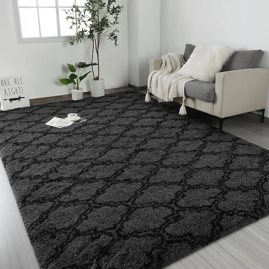 6×9 Large Shag Area Rugs for Bedroom, Dark Grey/Black Living Room Rug Super Soft Plush Fluffy Carpets, Moroccan Geometric Rug for Home Decor, Non-Slip Indoor Floor Rug for Dorm Nursery