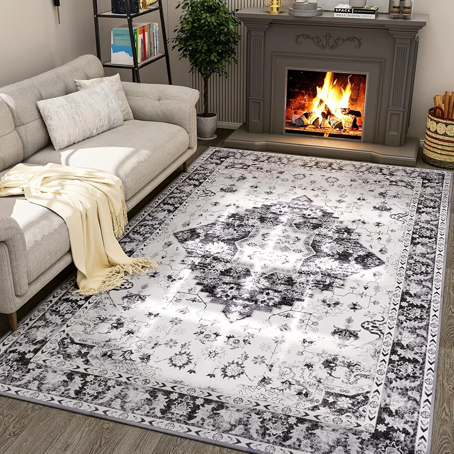 LOCHAS Super Soft Area Rug 4x6, Washable Living Room Rug, Non Slip Rug for Bedroom Livingroom Dining Room, Low Pile Vintage Floral Print Accent Carpets for Office Home Floor Carpet, Grey