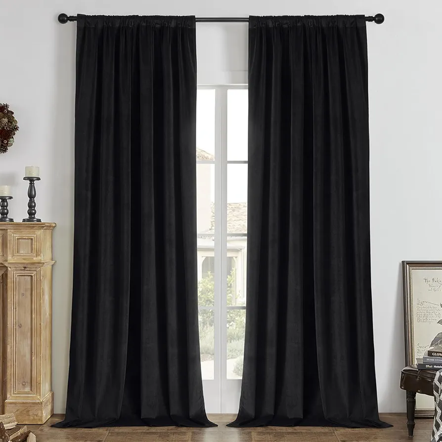 Joydeco Black 100% Blackout Curtains 108 Inches Long 2 Panels Set, Black Out Curtain for Bedroom Living Room, Luxury Heavy Duty Thermal Insulated Velvet Curtains Rod Pocket Back Tab, 52W x 108L