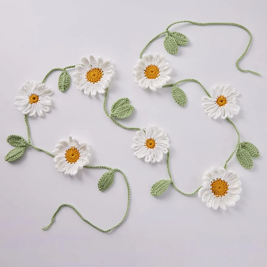 Mokof Crochet White Daisy Flower With Leaves Wall Hanging Garland for Boho Nursery Baby Kids Bedroom Living Room Wall Decor, Summer and Spring Home Decor