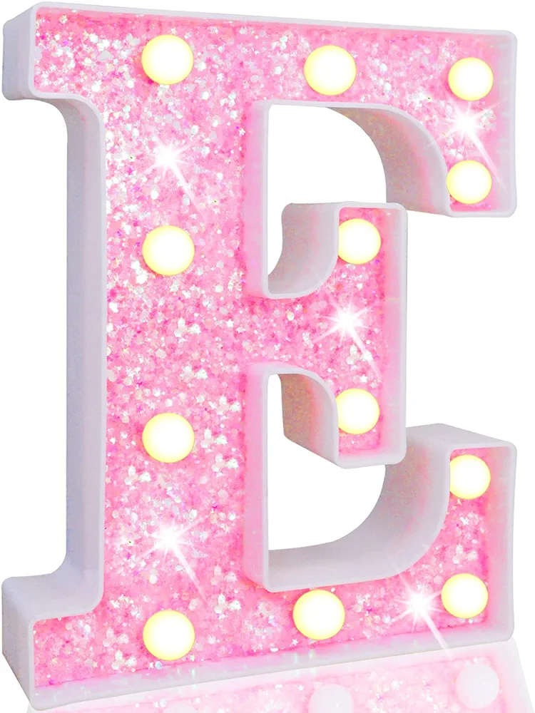 Pooqla LED Marquee Letter Lights, Light Up Pink Glitter Alphabet Letter E Sign Battery Powered for Night Light Birthday Party Wedding Girls Gifts Home Bar Christmas Decoration