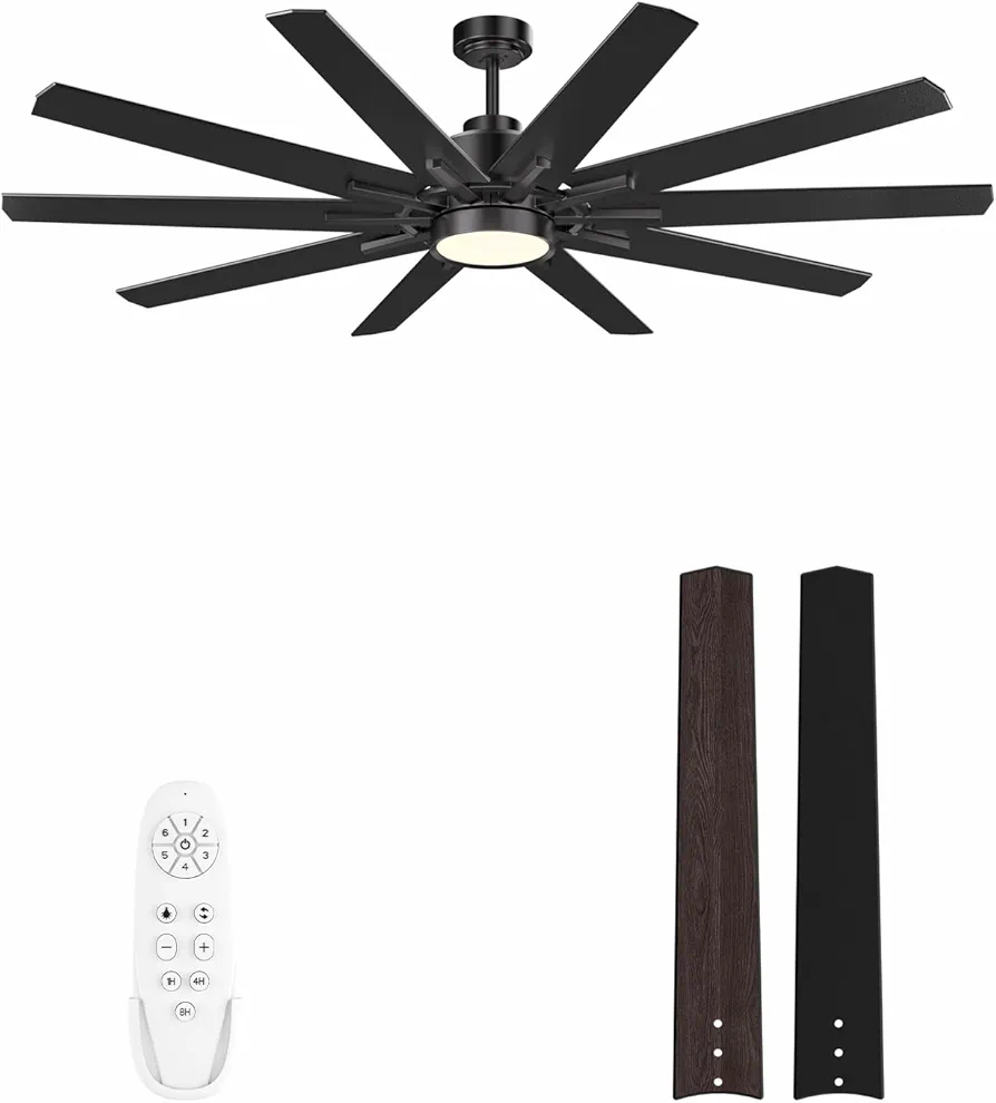 62 Inch Large Ceiling Fans with Lights and Remote - Indoor/Outdoor Ceiling Fan with Light, 10 Blades, Reversible Quiet DC Motor, Dimmable LED Walnut/Black Ceiling Fan for Living Room Patios