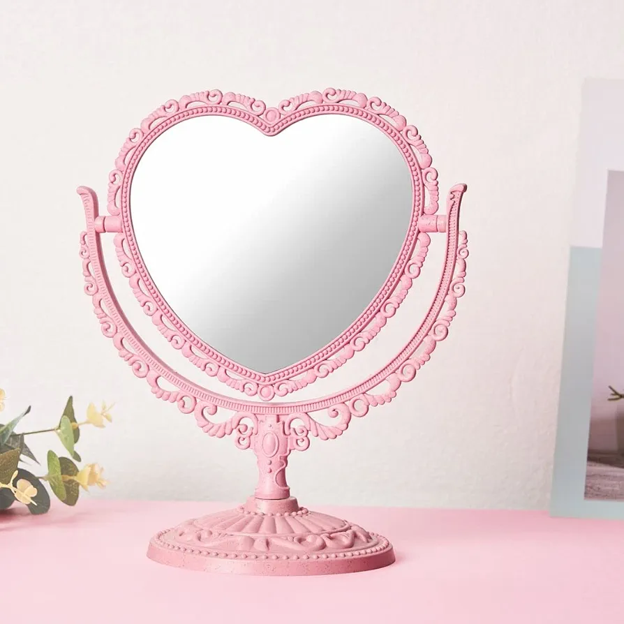 Pink Heart Mirror Double Sides, Vanity Makeup Mirror for Desk, Pink Vintage Mirror, Coquette Danish Pastel Room Decor Aesthetic