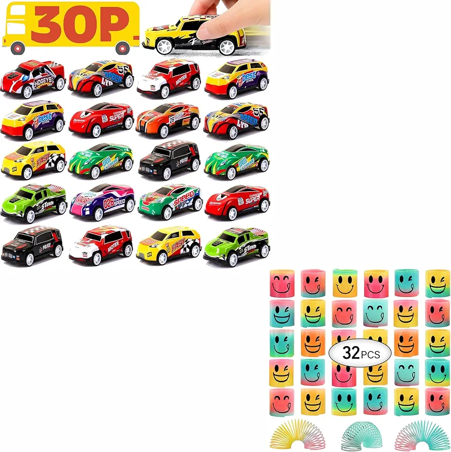 AZEN 30 Pcs Pull Back Cars & 32 Pcs Mini Spring Favors for Kids, Goodie Bags Stuffers for Birthday Party, Classroom Prizes Kids Prizes, Small Bulk Toys Gifts