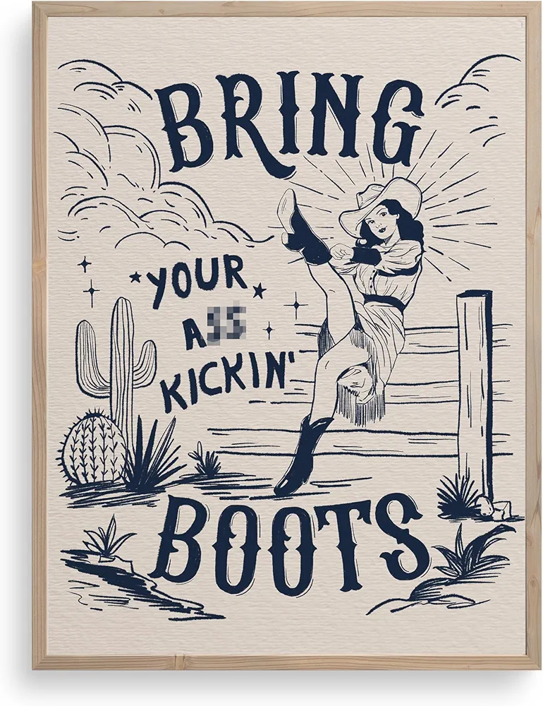 TwoDays Cowgirl Room Decor, Vintage Western Wall Art Prints for Teen Girls Bedroom, Bring Your Kicking Boots Poster for Dorm. (12" X 16", UNFRAMED)