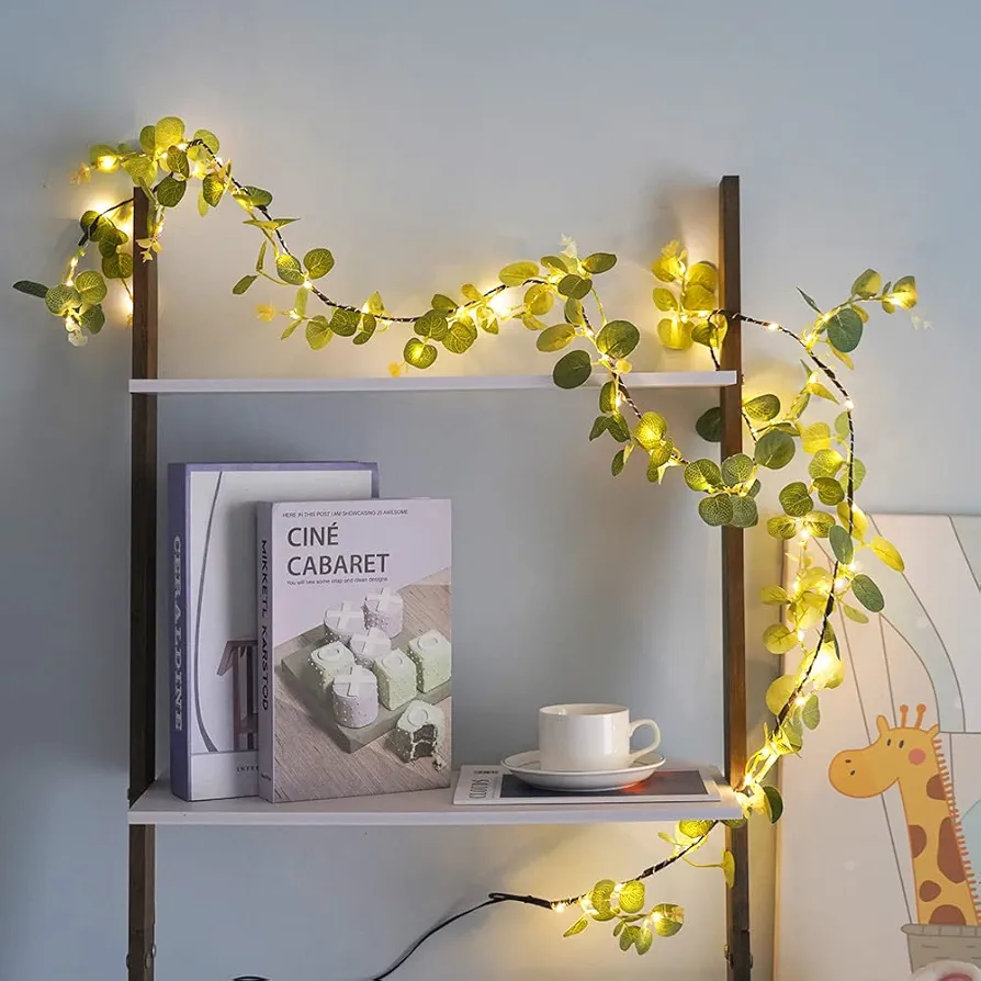 Lighted 80 LED Eucalyptus Garland Battery Operated 6.2FT Artificial Greenery Twig Vine Lights for Wedding Party Room Christmas Spring Decoration Indoor Outdoor