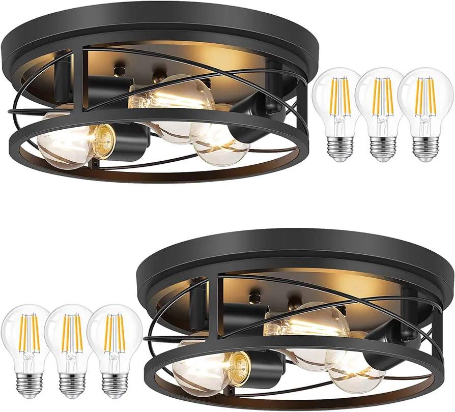 Flush Mount Ceiling Light Fixture, Black 3-Light Hallway Light Fixtures Ceiling, Light Fixtures Ceiling Mount for Farmhouse, Kitchen, Living Room (2 Pack, A19 LED Bulbs Included)