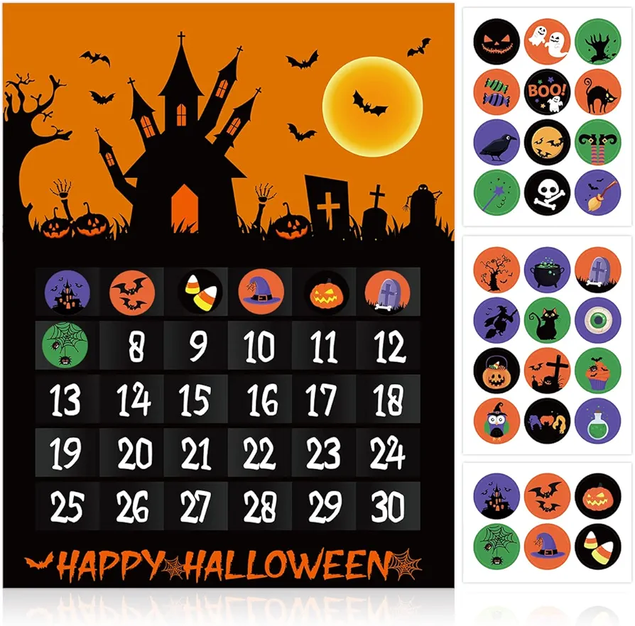 Halloween Countdown Calendar Advent Calendar for 30 Days Bat Castle Orange Paper Poster Removable Stickers Halloween Decor Haunted House Decorations for Home Office Classroom Wall Door Kids Gift Idea