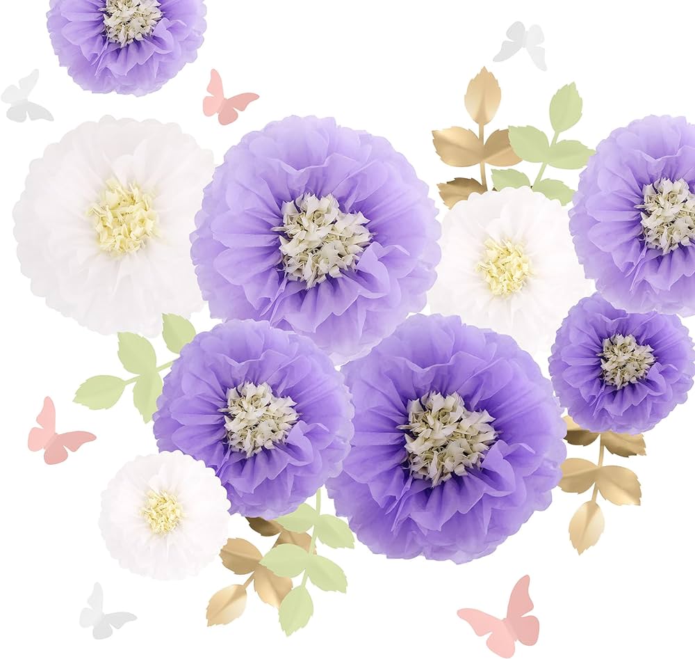 Fonder Mols Tissue Paper Pom Poms Flowers Fluffy Kit for Women Girls Birthday Baby Shower Nursery Room Wall Backdrop Decorations Color White Purple Lavender