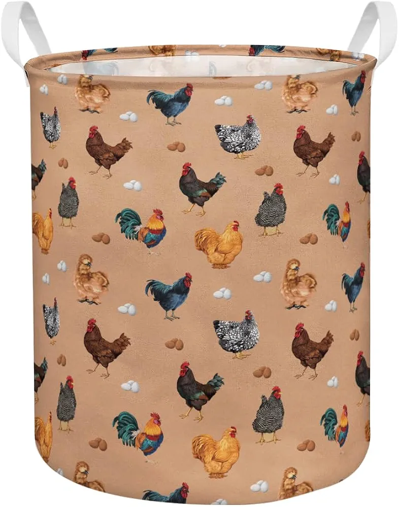 WIRESTER Canvas Fabric Collapsible Laundry Hamper, Large Storage Basket Toy Organizer Dirty Clothes for Home Bedroom Bathroom Nursery - Barnyard Chicken Roosters on Brown