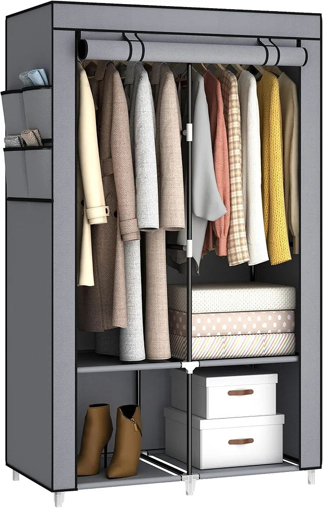 35 Inch Portable Wardrobe Closet for Small Room, Clothing Organizer Storage Rack with Non-Woven Fabric Cover, 2 Clothes Hanging Rods, 4 Storage Shelves and Side Pockets, Grey