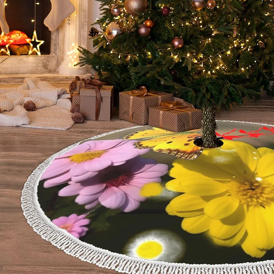 48" Christmas Tree Skirt with Tassel Yellow Butterfly and Flower Xmas Tree Skirts Tassel Tree Mat Ornament for Home Indoor Outdoor Room Holiday Decoration