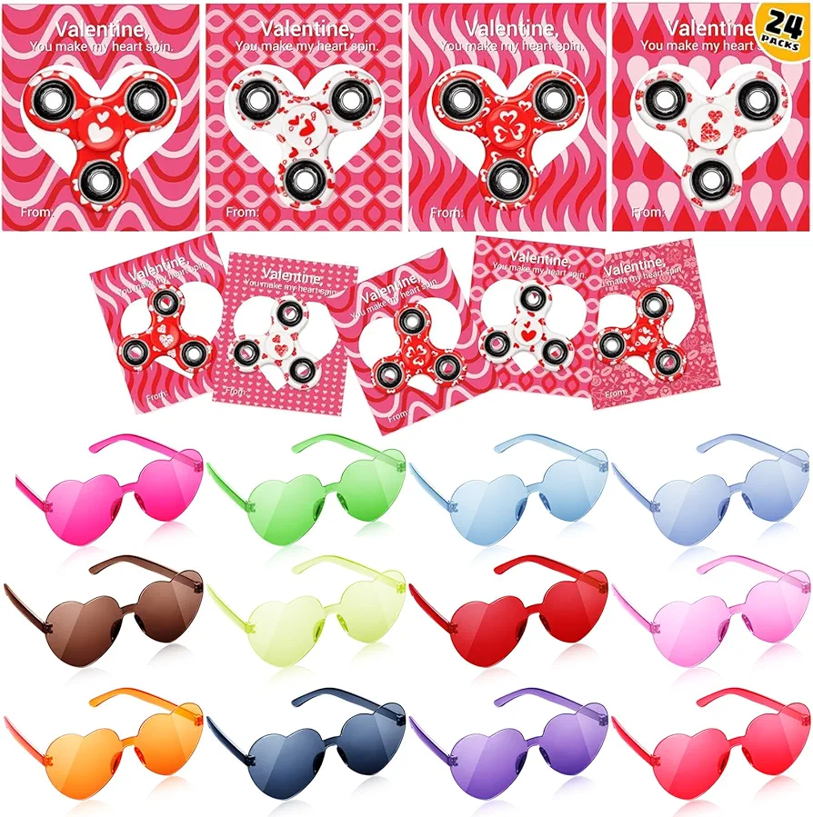 SCIONE Valentines Day Gifts for Kids, 24 Pack Valentines Fidget Spinner and 24 Pack Heart Sunglasses for Classroom Exchange Gifts Valentine Party Supplies