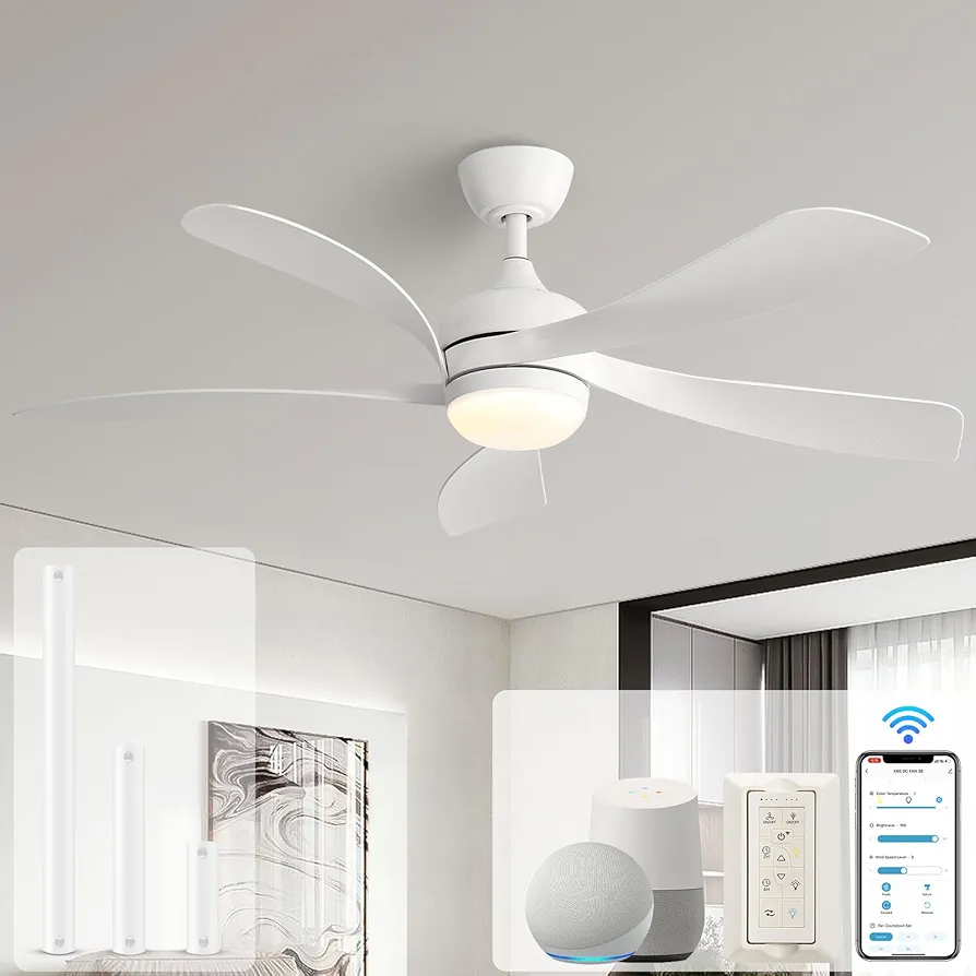 Sofucor 52" Smart Ceiling Fan, Indoor/Outdoor Ceiling Fans with Lights and Remote, Work with Alexa/Google/App, 3-Color Light 6-Speed Timing Reversible DC Motor for Bedroom Living Room Patio