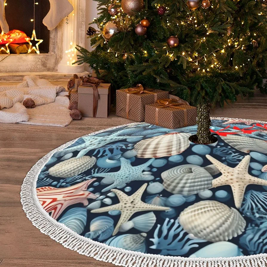 Christmas Tree Skirt with Tassel Conch and Starfish 30" Xmas Tree Skirts Tassel Tree Mat Ornament for Home Indoor Outdoor Room Holiday Decoration