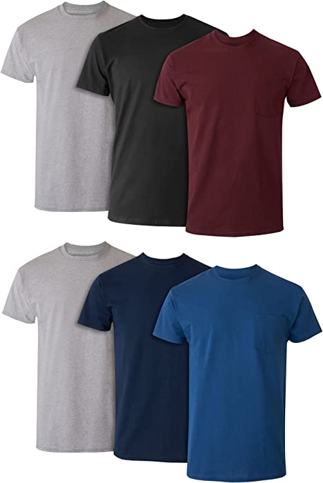 Hanes Men's Pocket T-Shirt Pack, Cotton Crewneck Pocket Tees 6-Pack, Moisture-Wicking Cotton T-Shirt Assorted 6-Pack