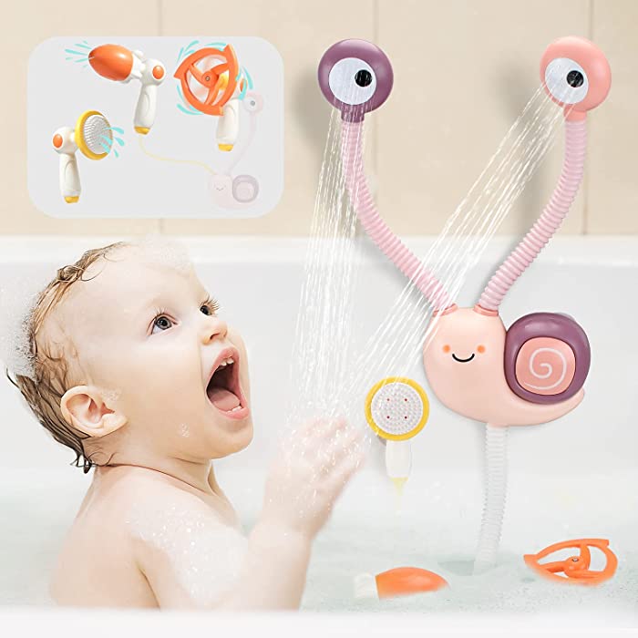 JoyGrow Bath Toys Electric Shower Head with Double 360° Rotatable Sprinkler and 3 PCS Different Spraying Sprinkler Bathtub Water Toy for Baby Kids(Pink)