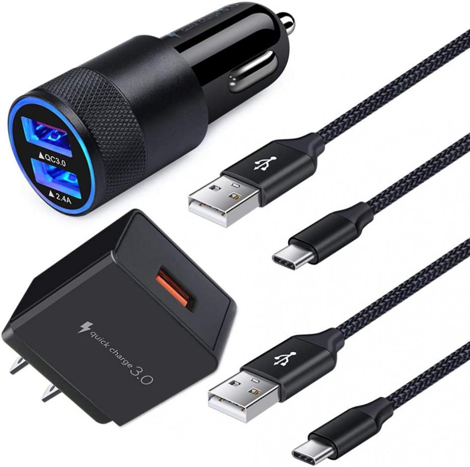 Quick Charge 3.0 Charger Set (4 in 1), USB C Fast Charger for Google Pixel 7 6 Pro 6a 5 4 XL,Samsung Galaxy S22 S21 S20 Note 20,Moto G Stylus,LG Stylo 6 5 4,Wall Block,Car Adapter,2Pcs 6Ft Type C Cord