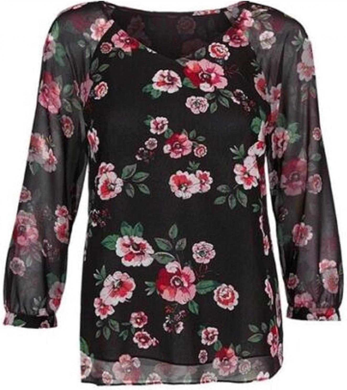 cabi Garden Blouse Black Layered Sheer Floral Print Top